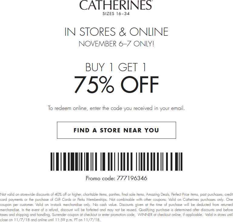 Catherines Coupon April 2024 Second item 75% off today at Catherines, or online via promo code WINNER