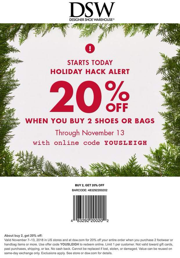 DSW Coupon March 2024 20% off 2+ pair at DSW Shoes, or online via promo code YOUSLEIGH