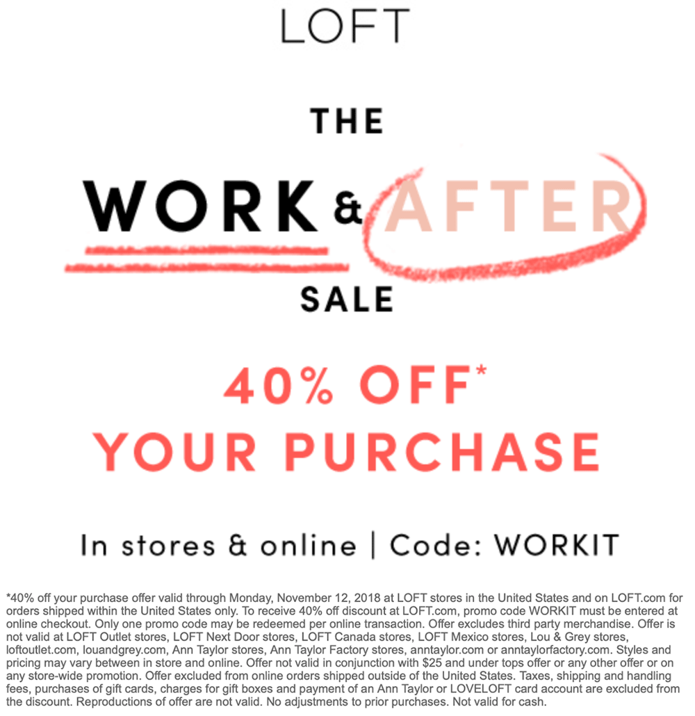 LOFT Coupon April 2024 40% off at LOFT, or online via promo code WORKIT