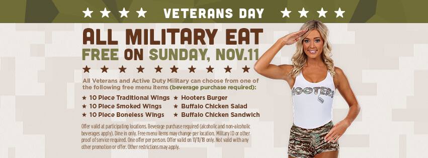 Hooters Coupon April 2024 Military eat free Sunday at Hooters