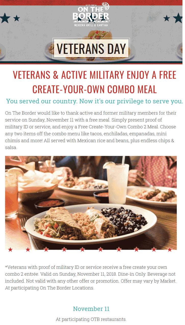 On The Border Coupon April 2024 Military enjoy a free combo meal Sunday at On The Border