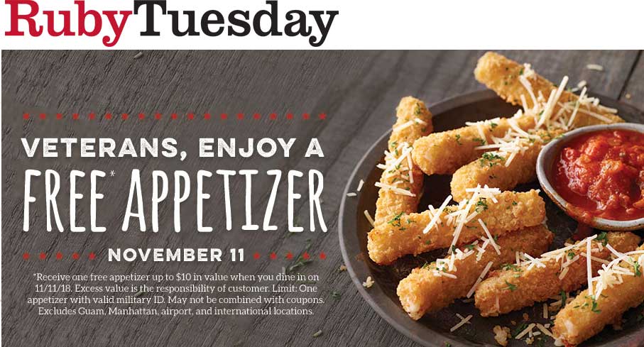 Ruby Tuesday Coupon April 2024 Veterans enjoy a free $11 appetizer Sunday at Ruby Tuesday