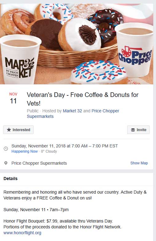 Price Chopper Coupon April 2024 Vets get free coffee & donuts at Price Chopper & Market 32 supermarkets