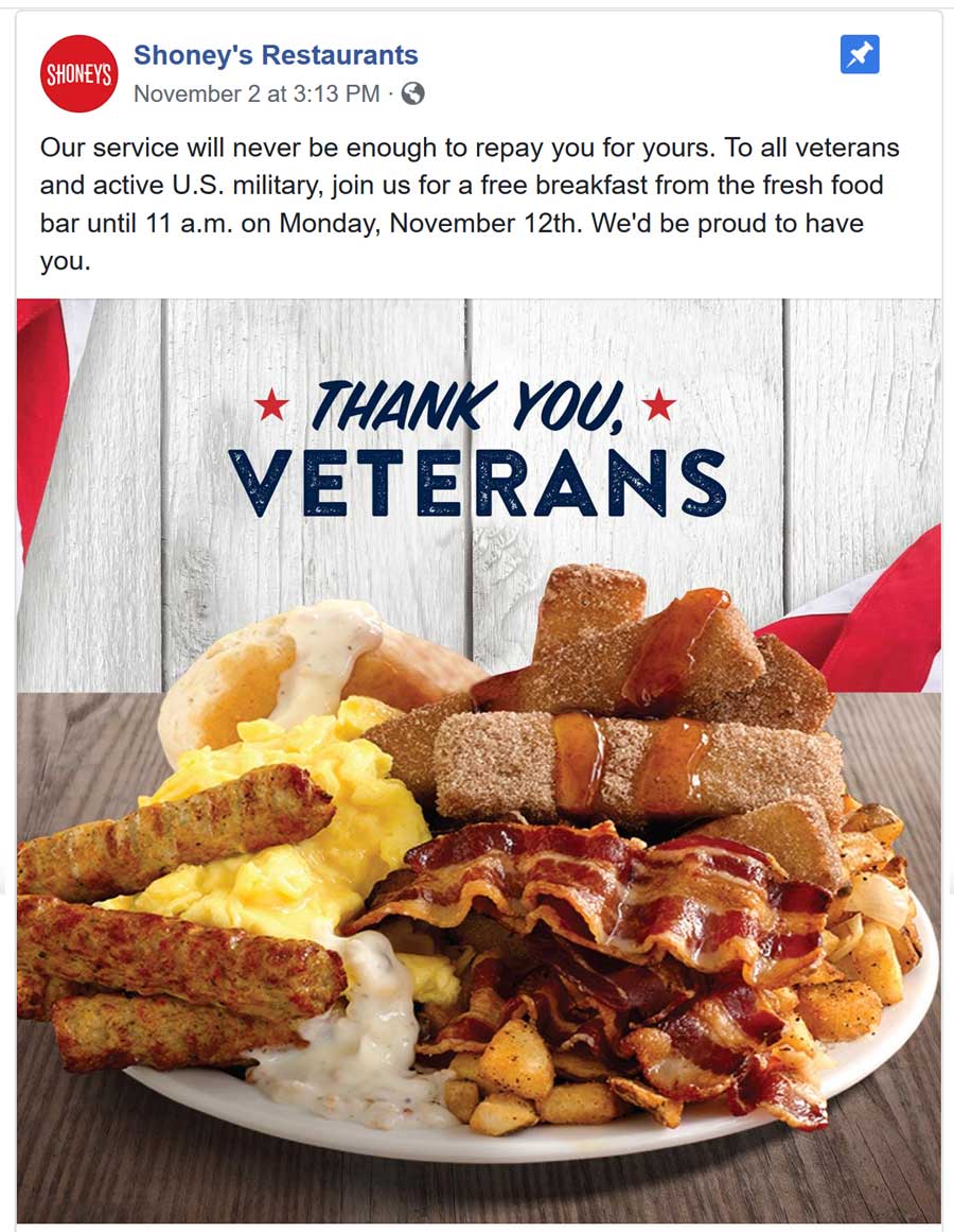 Shoneys Coupon April 2024 Veterans enjoy a free breakfast Monday at Shoneys