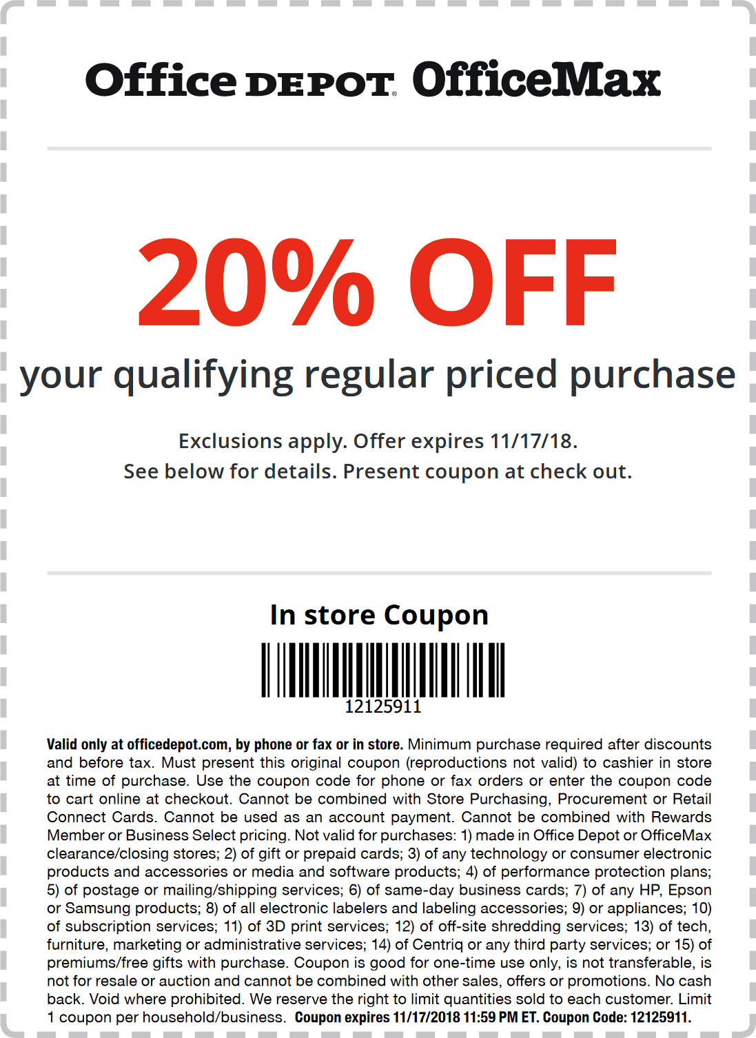 Office Depot Coupon April 2024 20% off at Office Depot & OfficeMax, or online via promo code 12125911