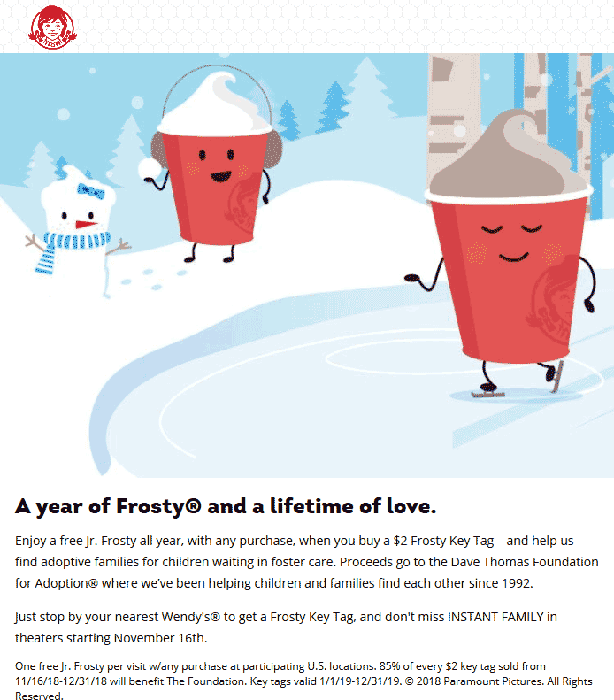 Wendys Coupon March 2024 $2 key tag = free frosty all year at Wendys restaurants