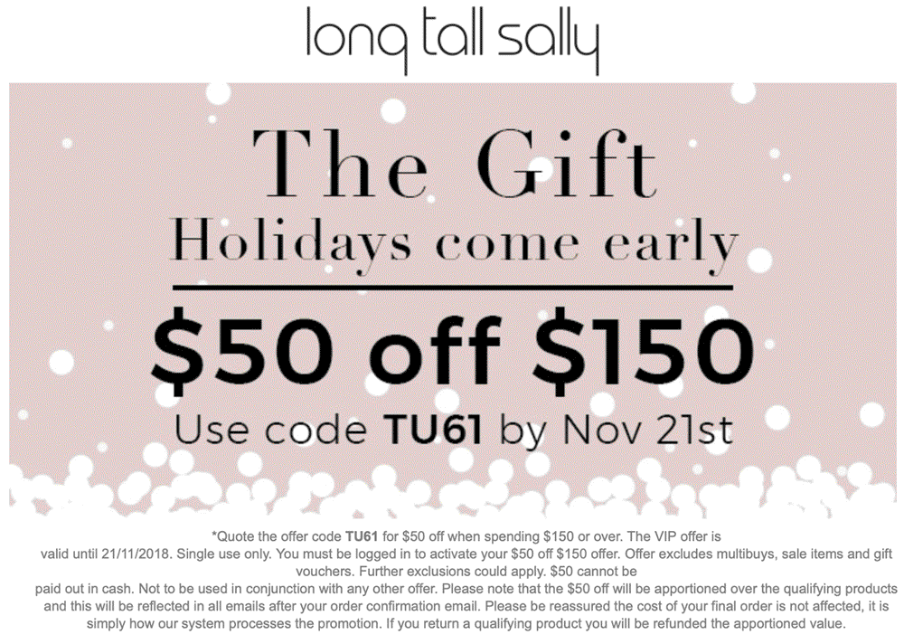 Long Tall Sally Coupon March 2024 $50 off $150 online at Long Tall Sally via promo code TU61