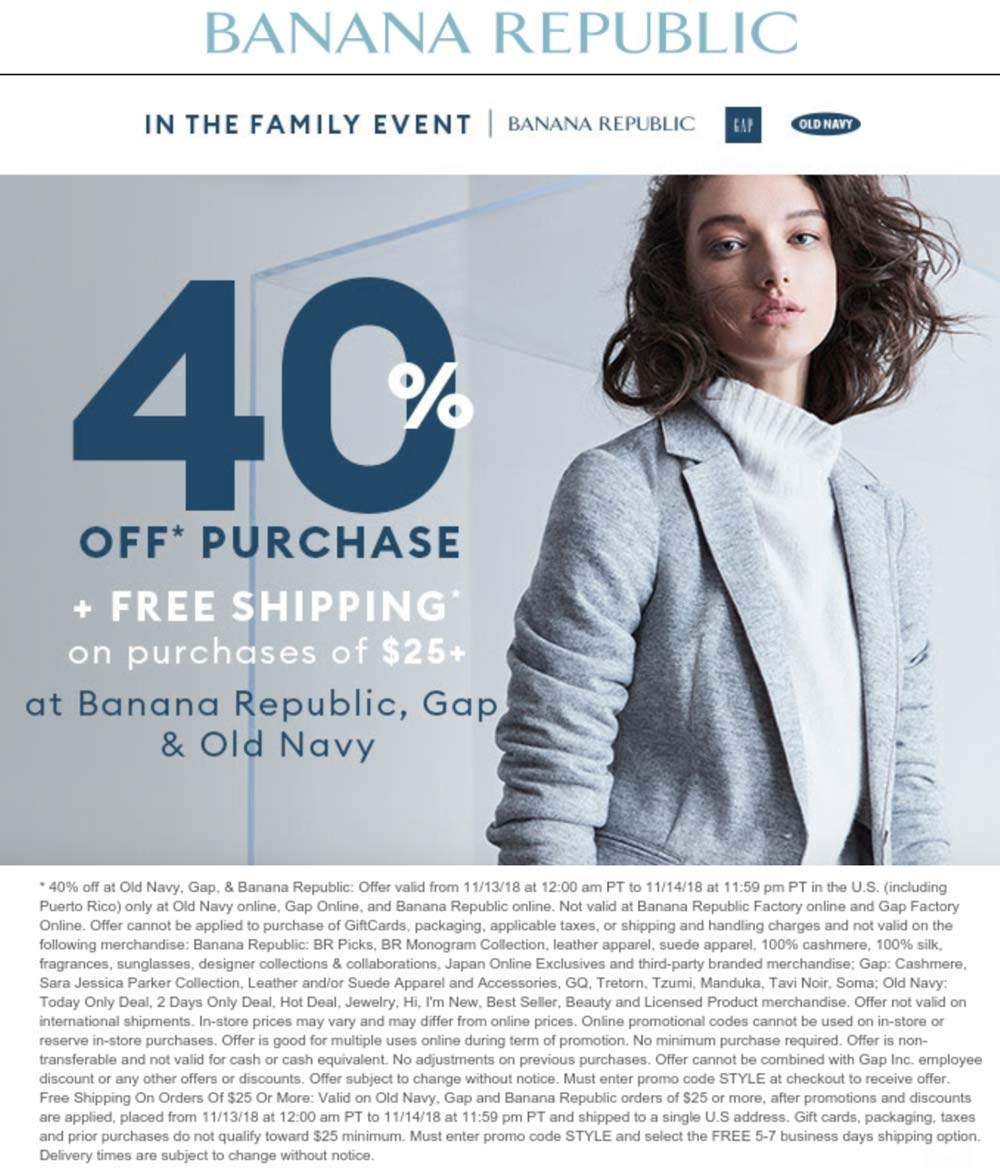 Old Navy Coupon April 2024 40% off online today at Gap, Old Navy & Banana Republic via promo code STYLE