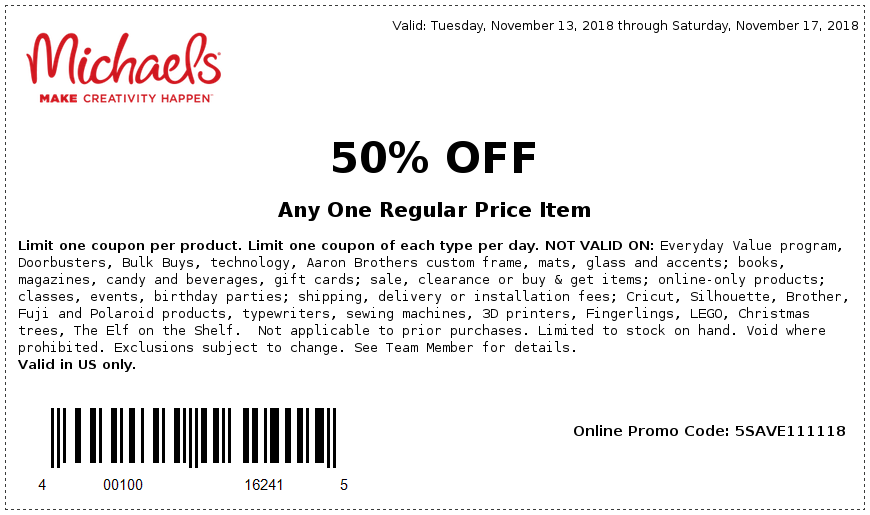 Michaels Coupon April 2024 50% off a single item at Michaels, or online via promo code 5SAVE111118