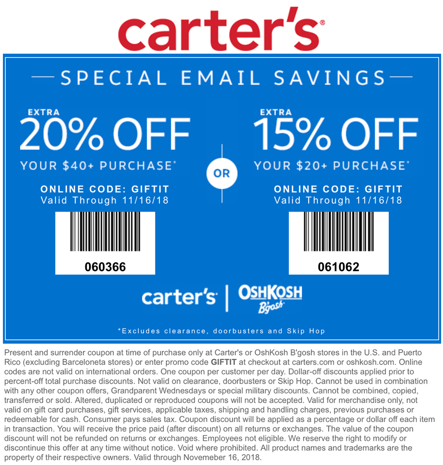 Carters Coupon March 2024 15-20% off today at Carters & OshKosh Bgosh, or online via promo code GIFTIT