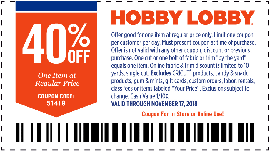 Hobby Lobby Coupon April 2024 40% off a single item at Hobby Lobby, or online via promo code 51419