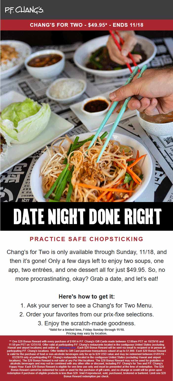 P.F. Changs Coupon March 2024 2 soups + appetizer + 2 entrees + dessert = $49.95 at P.F. Changs
