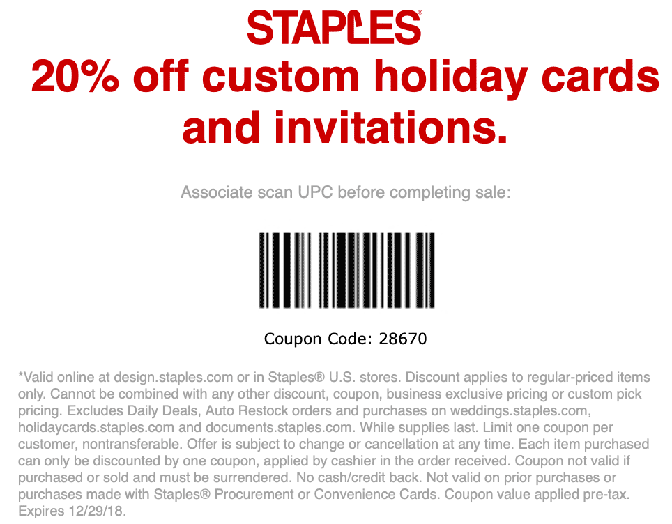 Staples Coupon April 2024 20% off holiday cards & invitations at Staples, or online via promo code 28670