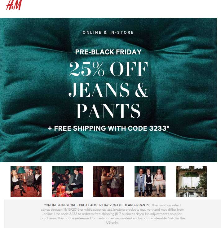 H&M Coupon April 2024 25% off jeans at H&M, or online with free ship via promo code 3233
