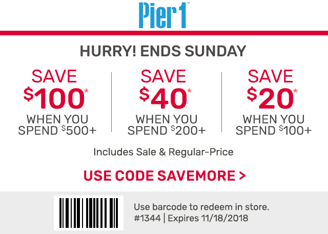 Pier 1 Coupon March 2024 $20 off $100 & more at Pier 1, or online via promo code SAVEMORE
