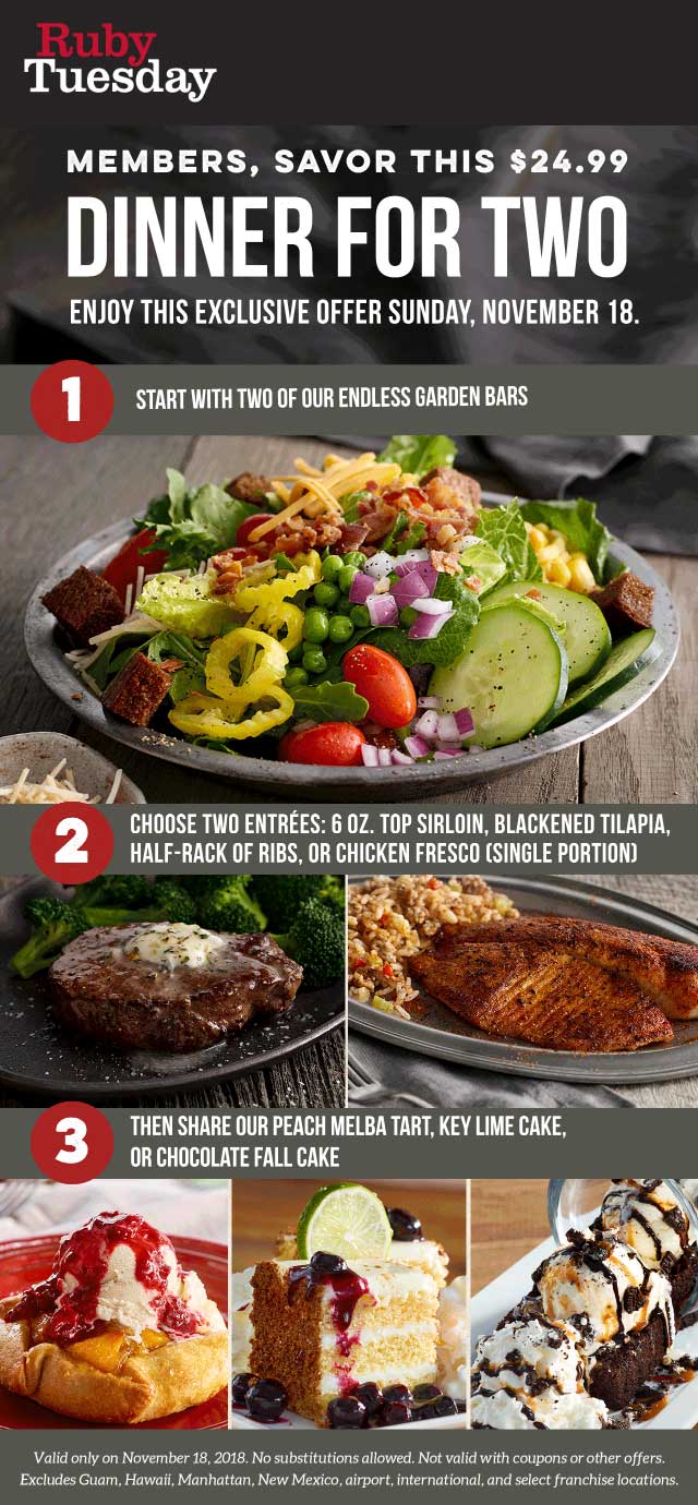 Ruby Tuesday Coupon April 2024 2 salad bars + 2 steak entrees + dessert = $25 Sunday at Ruby Tuesday