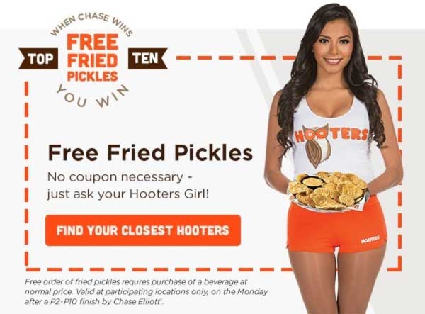 Hooters Coupon April 2024 Free fried pickles appetizer with your drink today at Hooters
