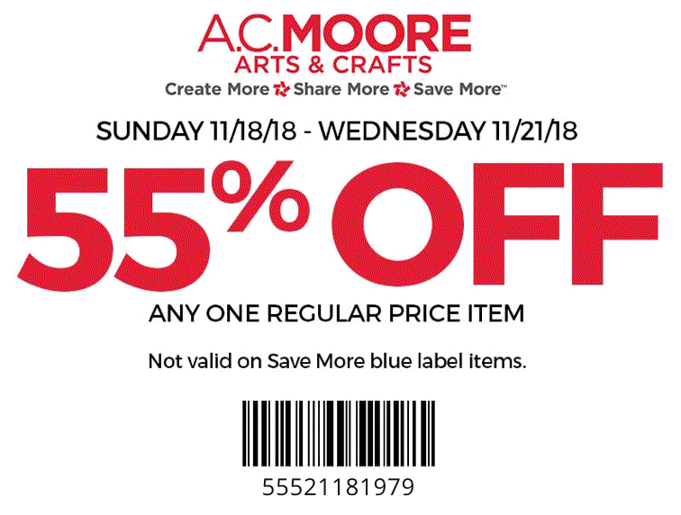 A.C. Moore Coupon April 2024 55% off a single item at A.C. Moore crafts