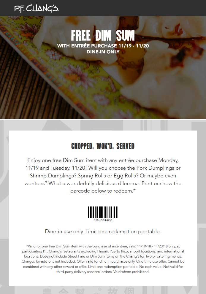 P.F. Changs Coupon April 2024 Free dim sum with your entree today at P.F. Changs