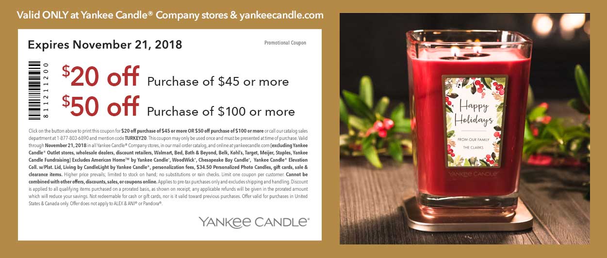 Yankee Candle Coupon April 2024 $20 off $50 & more at Yankee Candle, or online via promo code TURKEY20