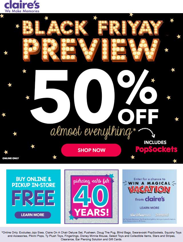 Claires Coupon April 2024 50% off everything online at Claires