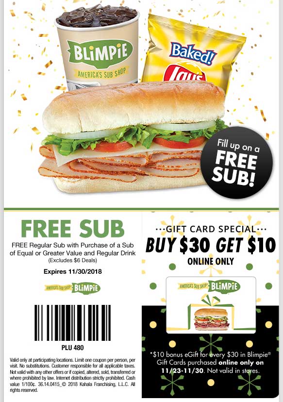 Blimpie Coupon April 2024 Second sub sandwich free at Blimpie