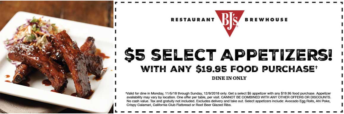 BJs Restaurant Coupon April 2024 $5 appetizers at BJs Restaurant brewhouse