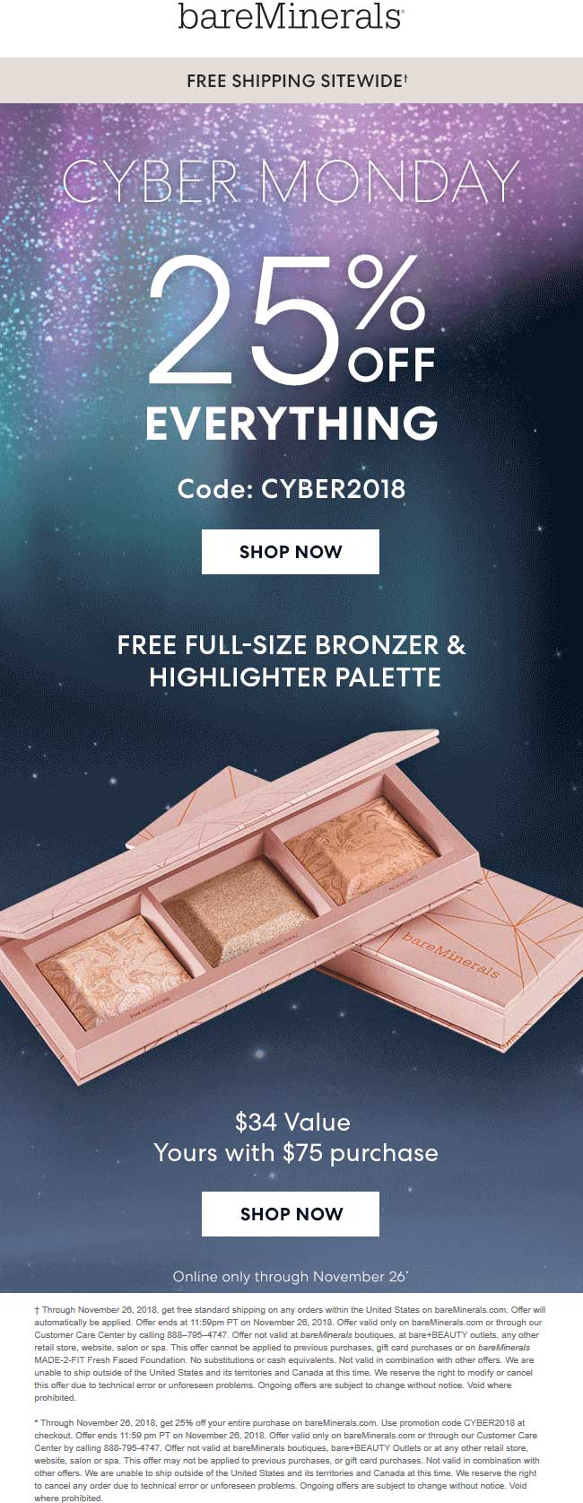 bareMinerals Coupon April 2024 25% off everything online today at bareMinerals via promo code CYBER2018