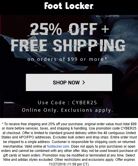 Foot Locker Coupon March 2024 25% off $100 today online at Foot Locker via promo code CYBER25