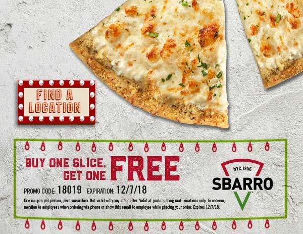 Sbarro Coupon March 2024 Second slice free at Sbarro pizza