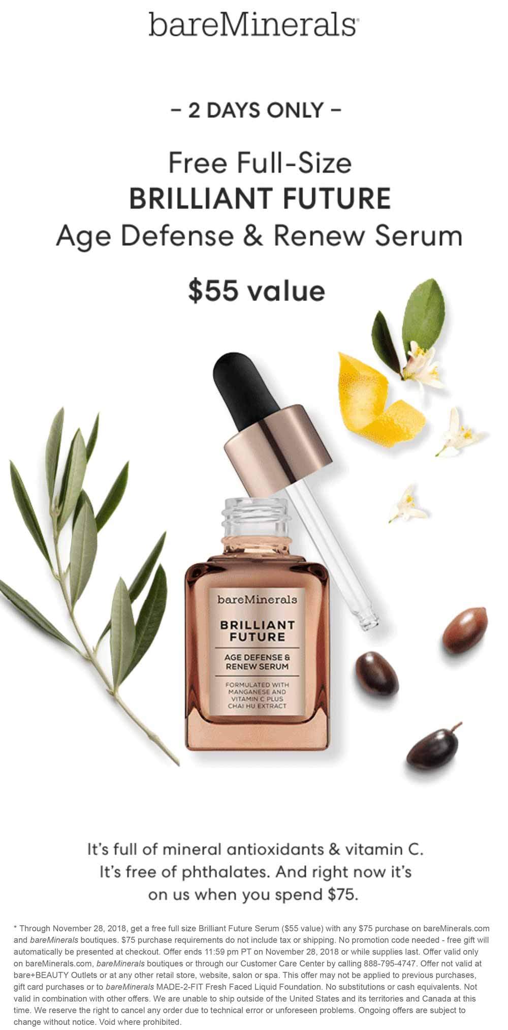 bareMinerals Coupon April 2024 $55 full size free with $75 spent today at bareMinerals, ditto online
