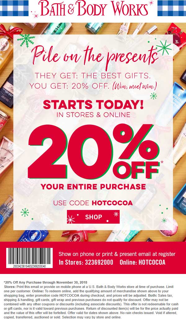 Bath & Body Works Coupon April 2024 20% off at Bath & Body Works, or online via promo code HOTCOCOA