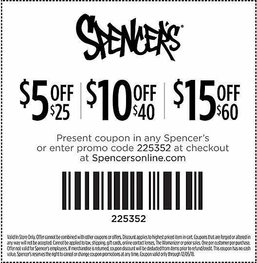 Spencers Coupon April 2024 $5 off $25 & more at Spencers, or online via promo code 225352