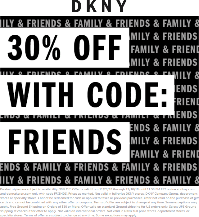 DKNY Coupon April 2024 30% off online at DKNY via promo code FRIENDS