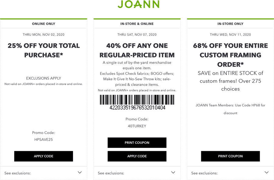 Joann stores Coupon  40% off a single item at Joann fabric, or online via promo code 40TURKEY #joann 