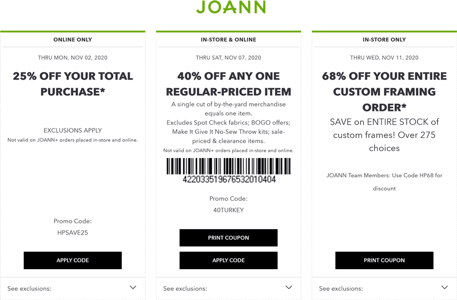 [May, 2021] 40% off a single item at Joann fabric, or online via promo