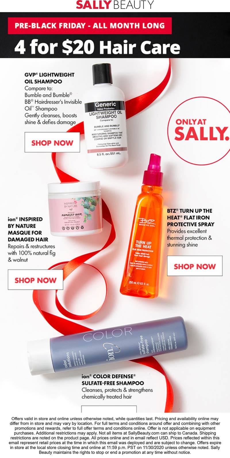 Sally Beauty stores Coupon  4 for $20 on hair care all month at Sally Beauty, ditto online #sallybeauty 