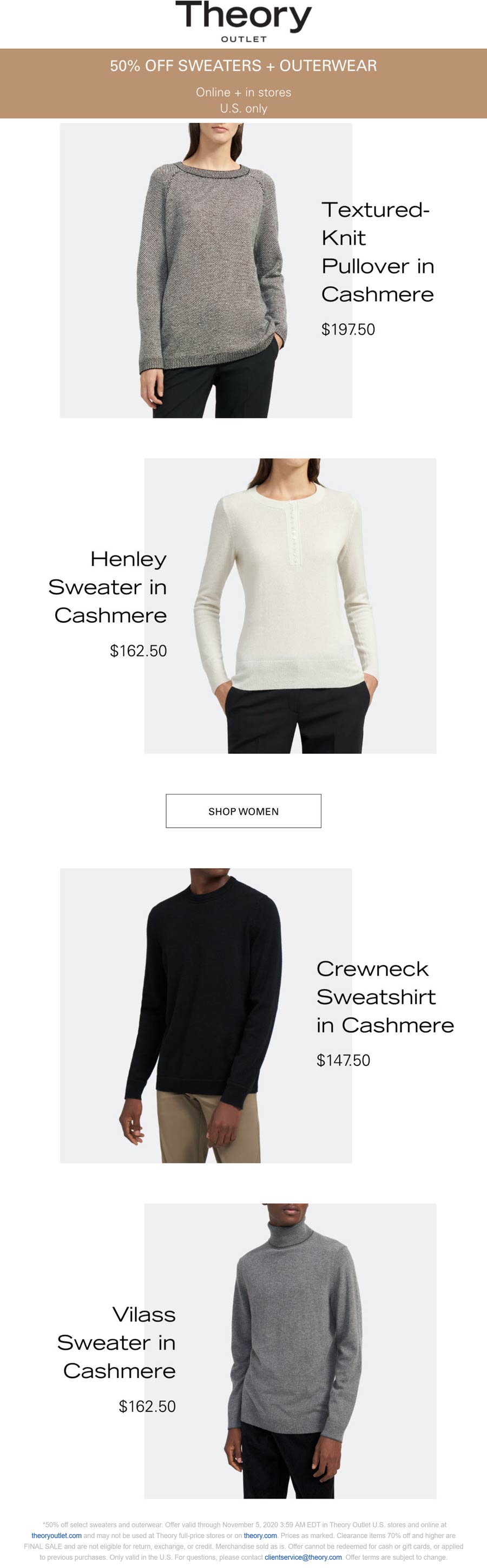 Theory Outlet stores Coupon  50% off sweaters & outerwear at Theory Outlet, ditto online #theoryoutlet 