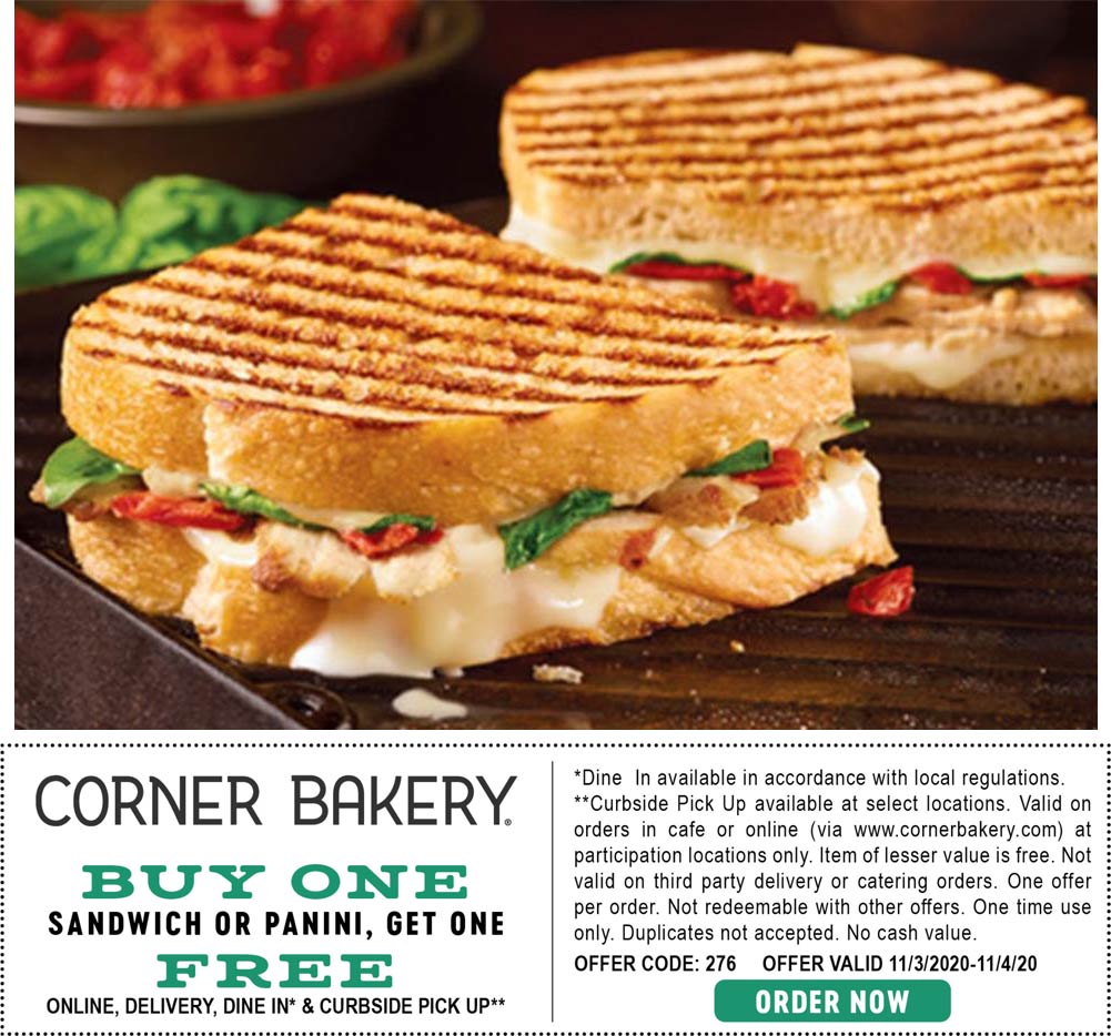 Corner Bakery restaurants Coupon  Second sandwich or panini free at Corner Bakery cafe #cornerbakery 