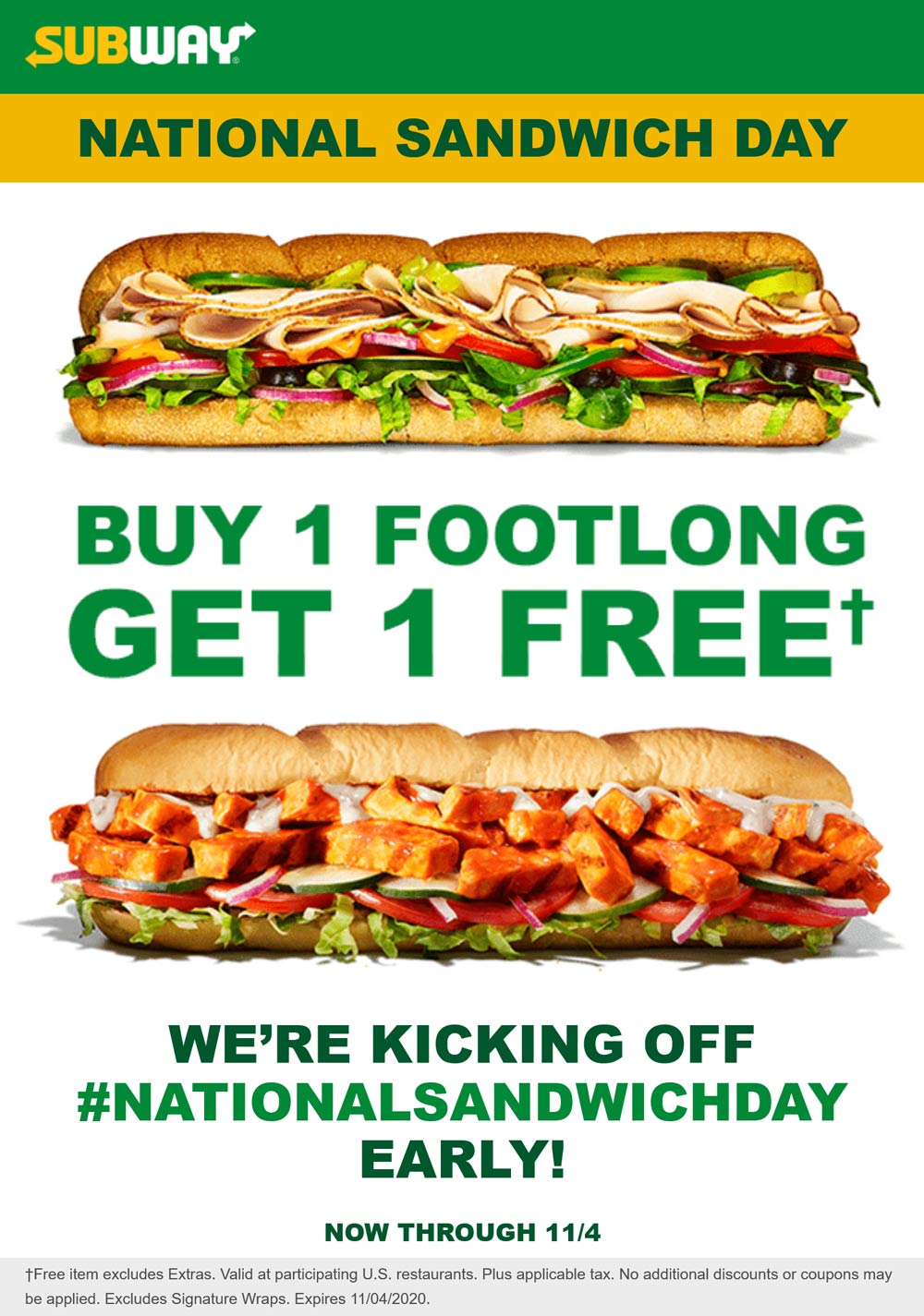 [December, 2020] 3rd footlong sub sandwich free at Subway subway