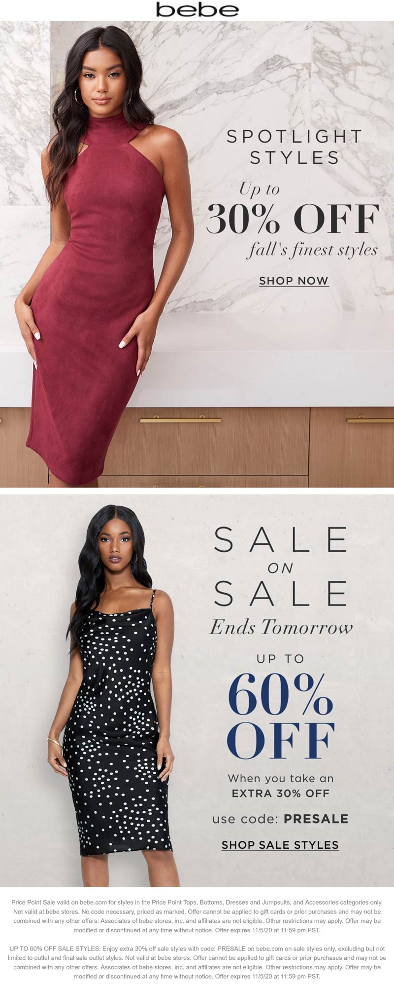 bebe stores Coupon  30-60% off Fall styles & more at bebe, or online via promo code PRESALE #bebe 