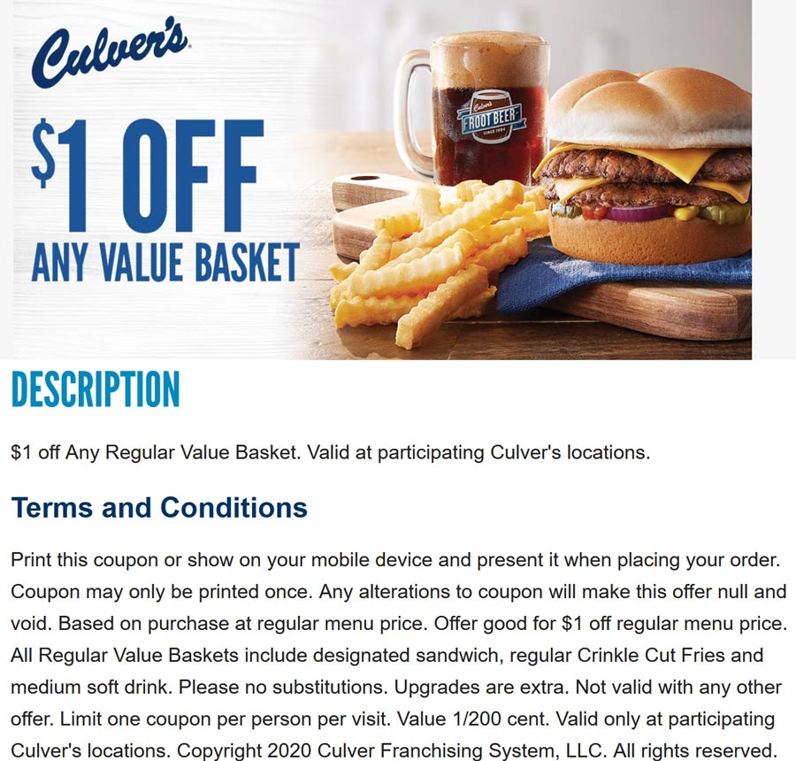 Culvers restaurants Coupon  $1 off any basket meal at Culvers restaurants #culvers 