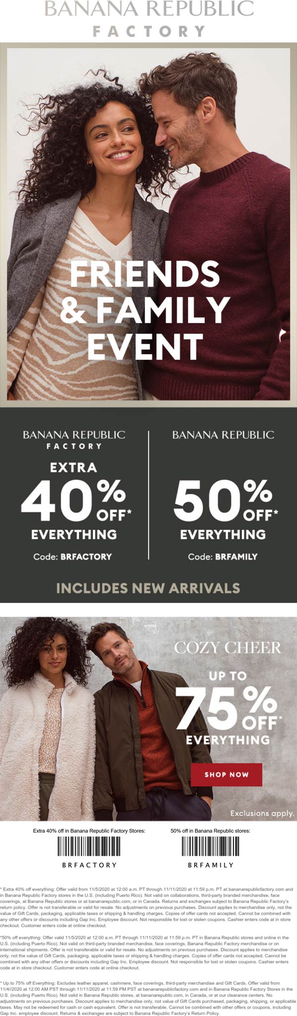 Banana Republic stores Coupon  Extra 40-50% off everything at Banana Republic & Factory locations, or online via promo code BRFAMILY and BRFACTORY #bananarepublic 