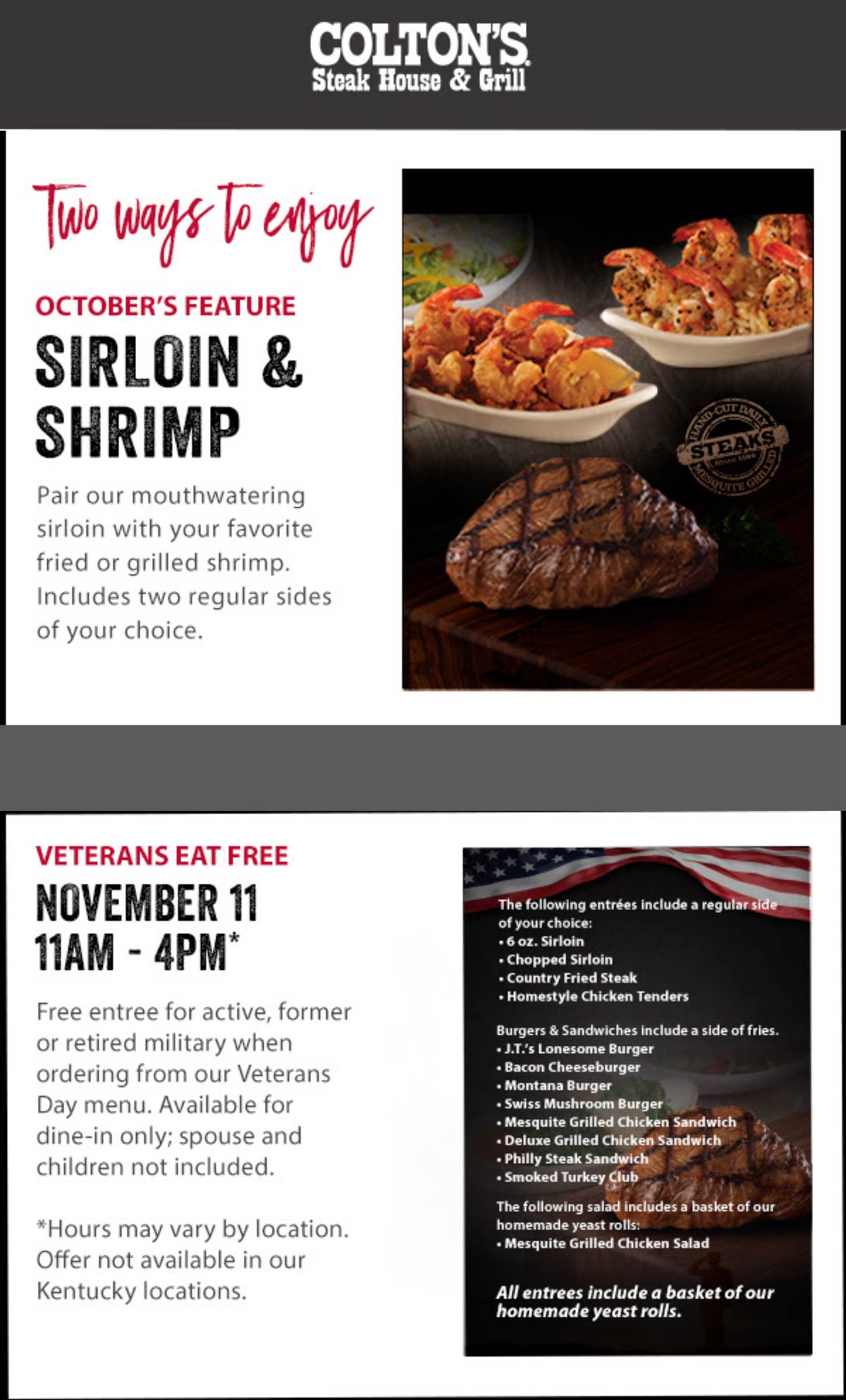 Coltons restaurants Coupon  Veterans eat free Wednesday at Coltons steak house & grill #coltons 