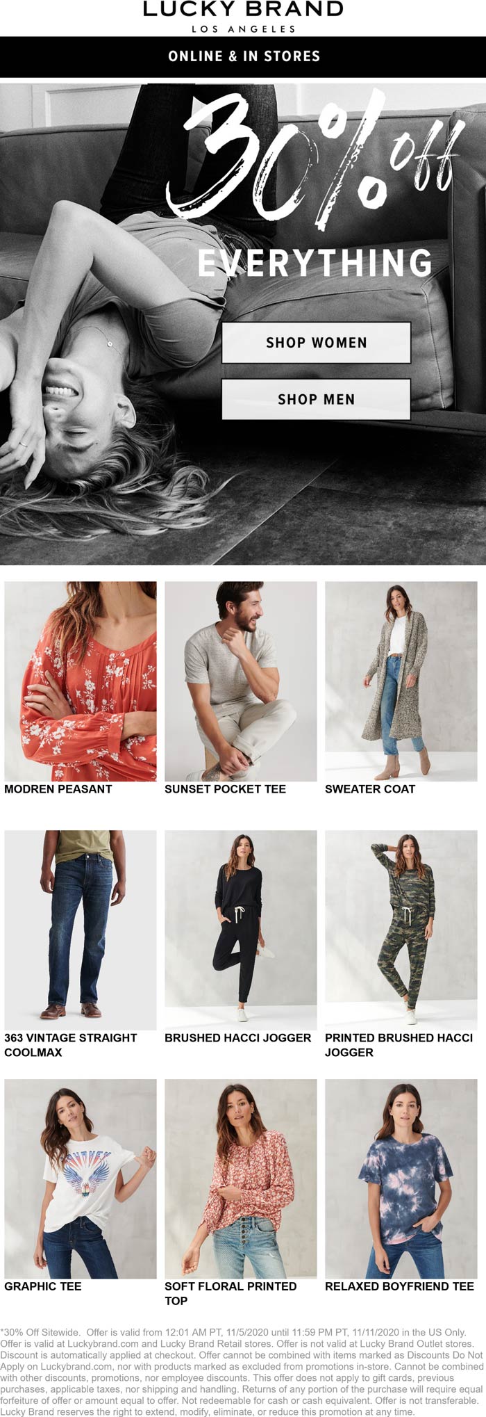 Lucky Brand stores Coupon  30% off everything at Lucky Brand, ditto online #luckybrand 