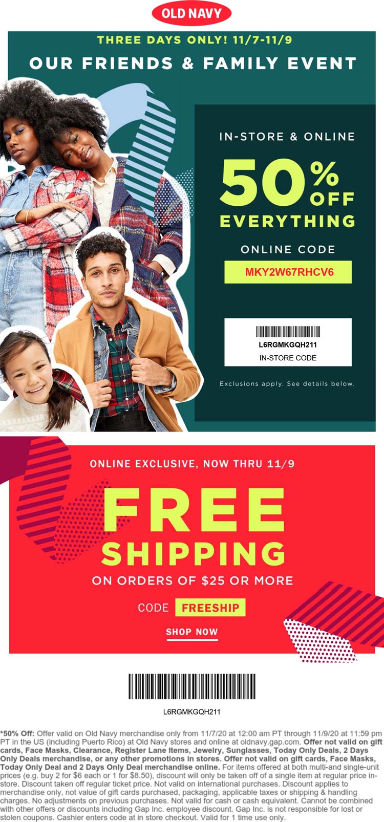 Old Navy stores Coupon  50% off everything at Old Navy, or online via promo code MKY2W67RHCV6 #oldnavy 