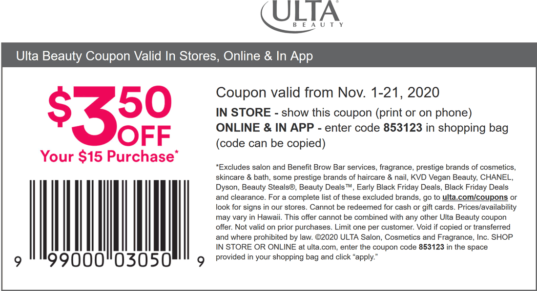 Ulta Beauty stores Coupon  $3.50 off $15 at Ulta Beauty, or online via promo code 853123 #ultabeauty 