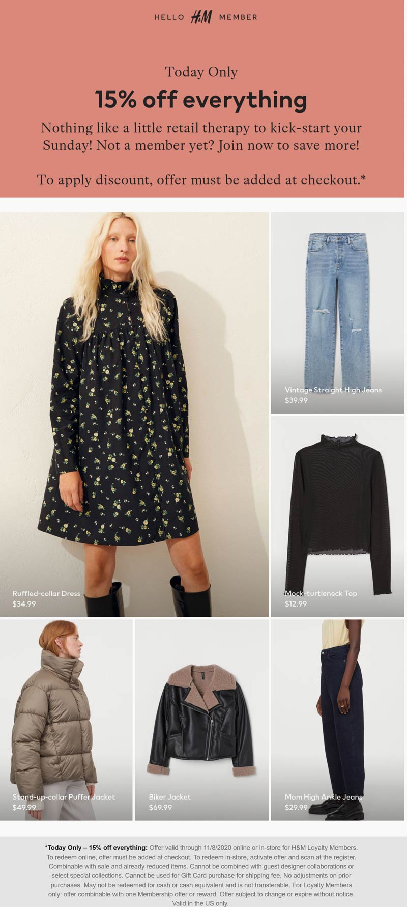 H&M stores Coupon  15% off today at H&M, ditto online #hm 
