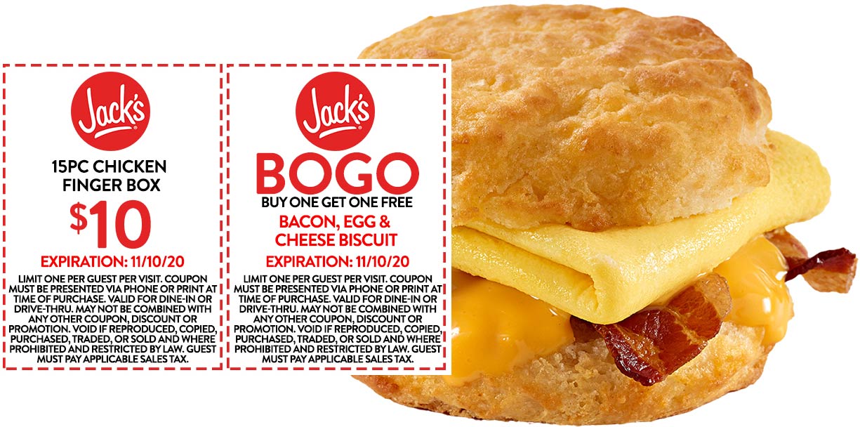 Jacks restaurants Coupon  Second bacon egg cheese biscuit free at Jacks restaurants #jacks 