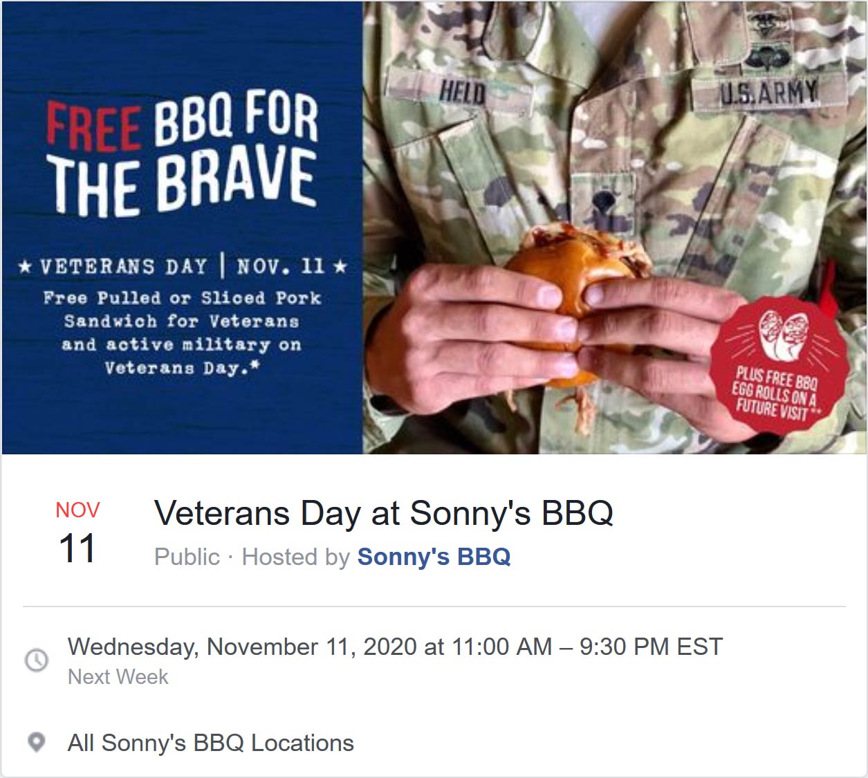 Sonnys BBQ restaurants Coupon  Veterans enjoy a free pulled or sliced pork sandwich Wednesday at Sonnys BBQ #sonnysbbq 